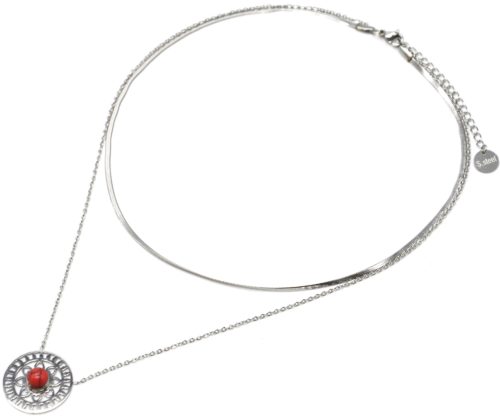 Collier-Double-Chaines-Acier-Argente-Pendentif-Ajoure-Soleil-Fleur-et-Pierre-Rouge