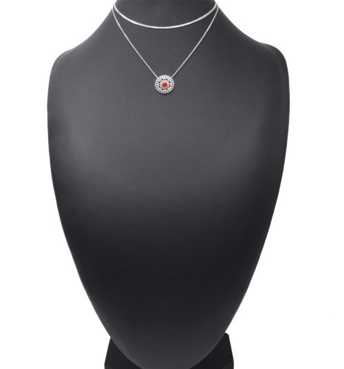 Collier-Double-Chaines-Acier-Argente-Pendentif-Ajoure-Soleil-Fleur-et-Pierre-Rouge