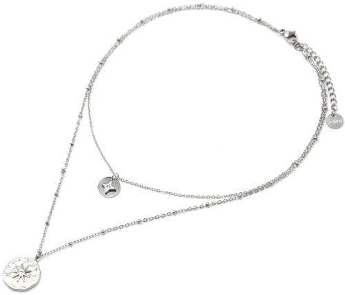 Collier-Double-Chaines-Acier-Argente-avec-Medailles-Etoile-et-Martelee-Soleil