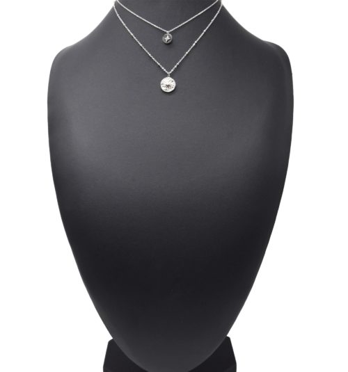 Collier-Double-Chaines-Acier-Argente-avec-Medailles-Etoile-et-Martelee-Soleil