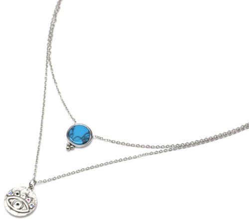 Collier-Double-Chaines-Acier-Argente-avec-Pierre-Turquoise-et-Medaille-Oeil-Strass