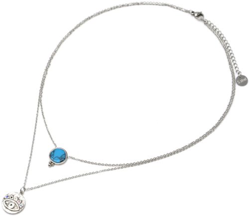 Collier-Double-Chaines-Acier-Argente-avec-Pierre-Turquoise-et-Medaille-Oeil-Strass