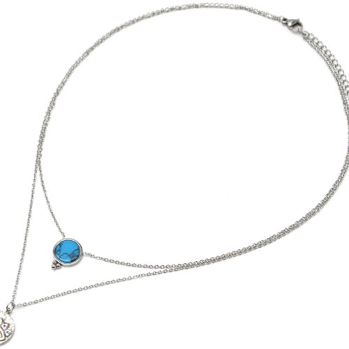 Collier-Double-Chaines-Acier-Argente-avec-Pierre-Turquoise-et-Medaille-Oeil-Strass