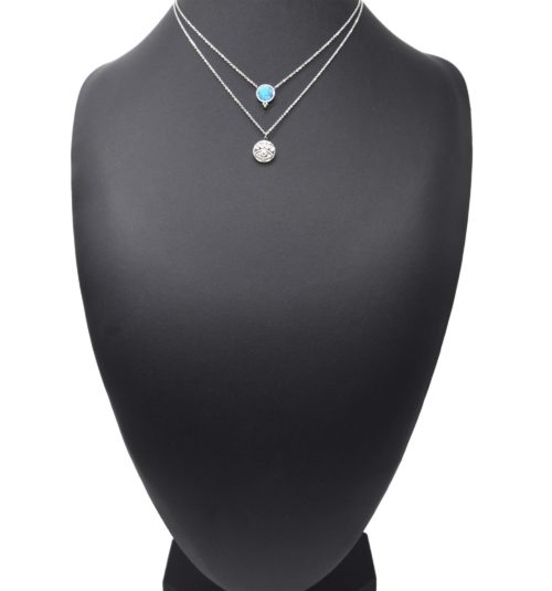 Collier-Double-Chaines-Acier-Argente-avec-Pierre-Turquoise-et-Medaille-Oeil-Strass