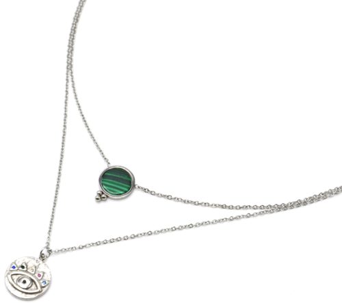 Collier-Double-Chaines-Acier-Argente-avec-Pierre-Verte-et-Medaille-Oeil-Strass