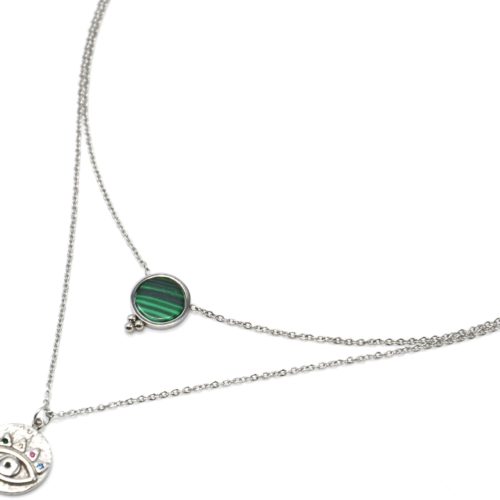 Collier-Double-Chaines-Acier-Argente-avec-Pierre-Verte-et-Medaille-Oeil-Strass