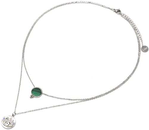 Collier-Double-Chaines-Acier-Argente-avec-Pierre-Verte-et-Medaille-Oeil-Strass