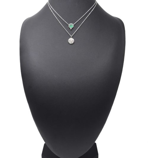 Collier-Double-Chaines-Acier-Argente-avec-Pierre-Verte-et-Medaille-Oeil-Strass