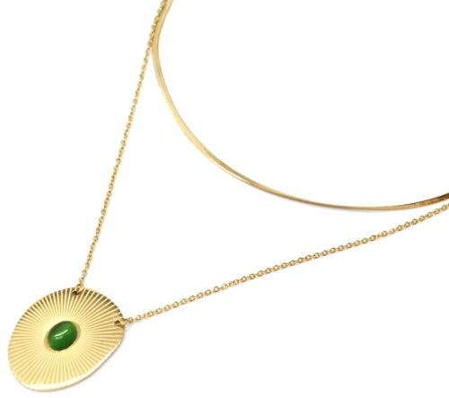 Collier-Double-Chaines-Acier-Dore-avec-Medaille-Rayons-et-Pierre-Verte