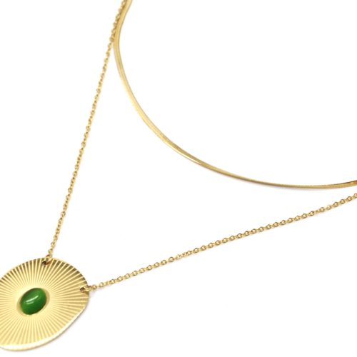 Collier-Double-Chaines-Acier-Dore-avec-Medaille-Rayons-et-Pierre-Verte