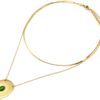 Collier-Double-Chaines-Acier-Dore-avec-Medaille-Rayons-et-Pierre-Verte