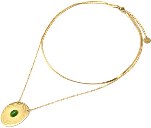 Collier-Double-Chaines-Acier-Dore-avec-Medaille-Rayons-et-Pierre-Verte