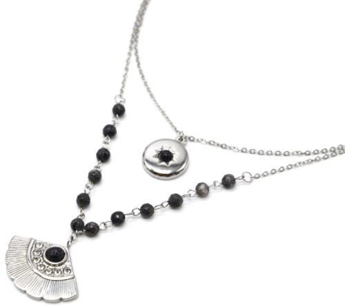 Collier-Double-Chaines-Acier-Argente-avec-Pierres-Noires-Medaille-et-Eventail-Strass