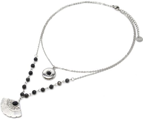 Collier-Double-Chaines-Acier-Argente-avec-Pierres-Noires-Medaille-et-Eventail-Strass