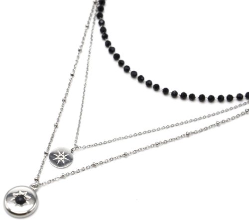 Collier-Triple-Chaines-Acier-Argente-avec-Perles-Noires-et-Medailles-Soleil-Pierre