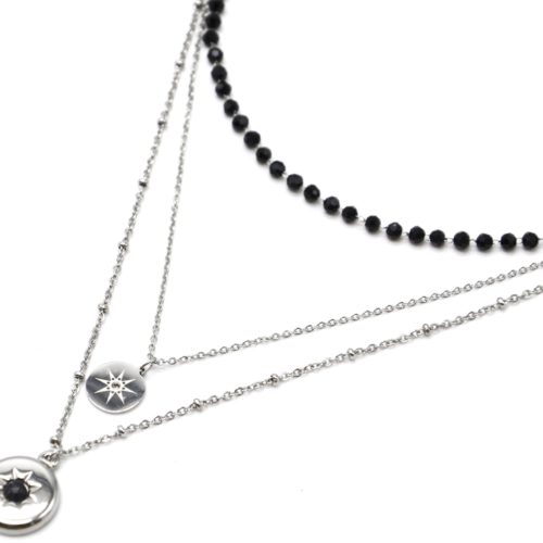 Collier-Triple-Chaines-Acier-Argente-avec-Perles-Noires-et-Medailles-Soleil-Pierre