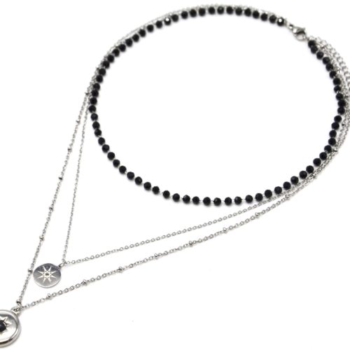 Collier-Triple-Chaines-Acier-Argente-avec-Perles-Noires-et-Medailles-Soleil-Pierre