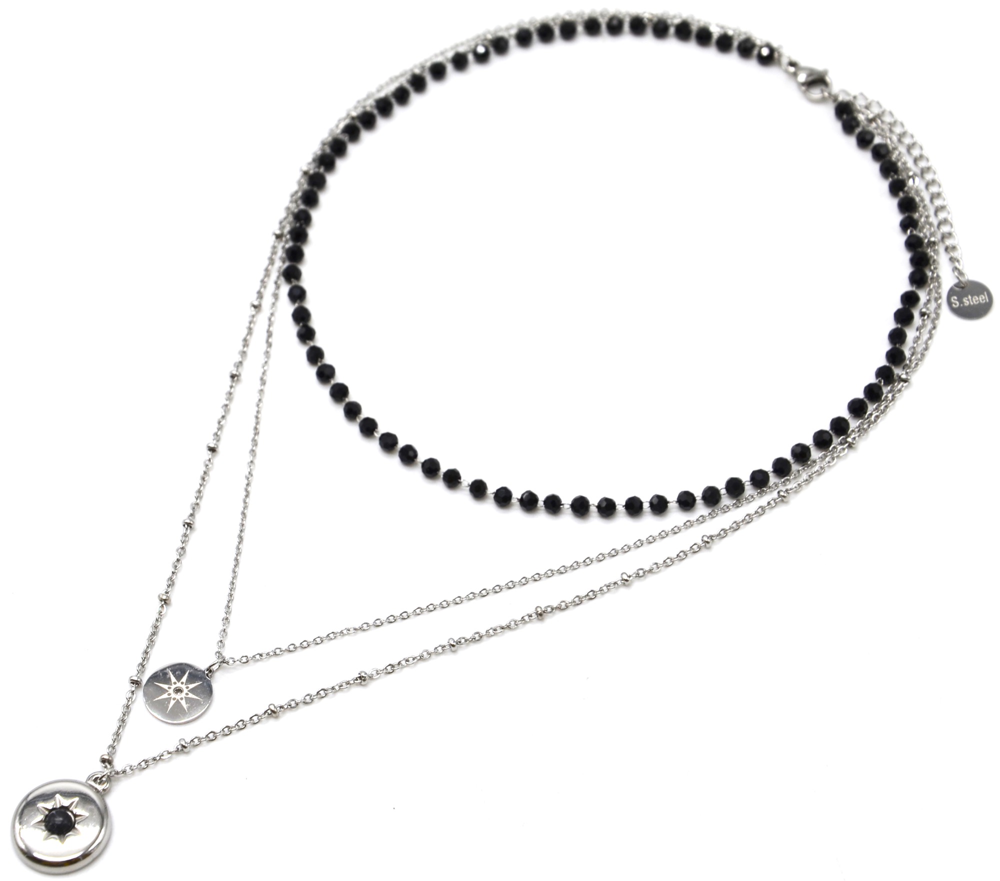 Collier-Triple-Chaines-Acier-Argente-avec-Perles-Noires-et-Medailles-Soleil-Pierre