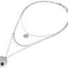 Collier-Triple-Chaines-Acier-Argente-avec-Pampilles-et-Medailles-Ecailles-Pierre-Noire