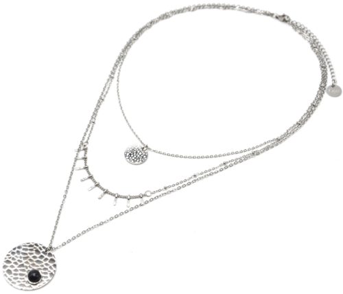 Collier-Triple-Chaines-Acier-Argente-avec-Pampilles-et-Medailles-Ecailles-Pierre-Noire