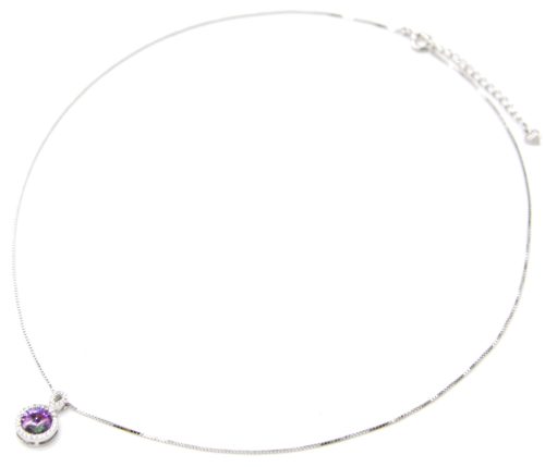 Collier-Fine-Chaine-Argent-925-Pendentif-Pierre-Ronde-Violette-Contour-Strass-Zirconium