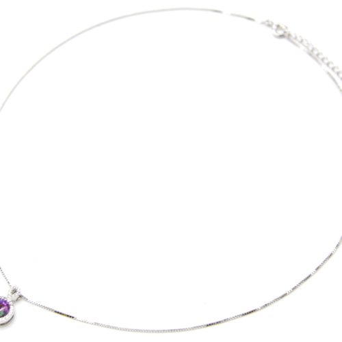 Collier-Fine-Chaine-Argent-925-Pendentif-Pierre-Ronde-Violette-Contour-Strass-Zirconium