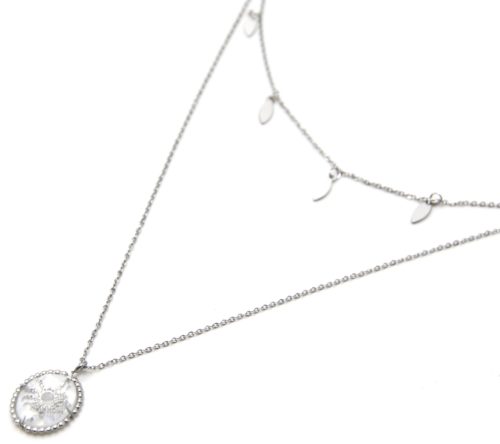 Collier-Double-Chaines-Pampilles-et-Pierre-Verre-Ovale-Soleil-Acier-Argente