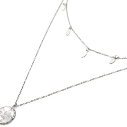 Collier-Double-Chaines-Pampilles-et-Pierre-Verre-Ovale-Soleil-Acier-Argente