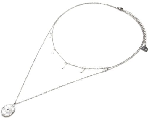 Collier-Double-Chaines-Pampilles-et-Pierre-Verre-Ovale-Soleil-Acier-Argente