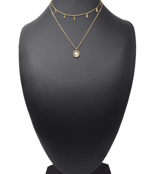 Collier-Double-Chaines-Pampilles-et-Pierre-Verre-Ovale-Soleil-Acier-Dore