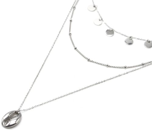 Collier-Triple-Chaines-avec-Pampilles-Billes-et-Cauri-Acier-Argente