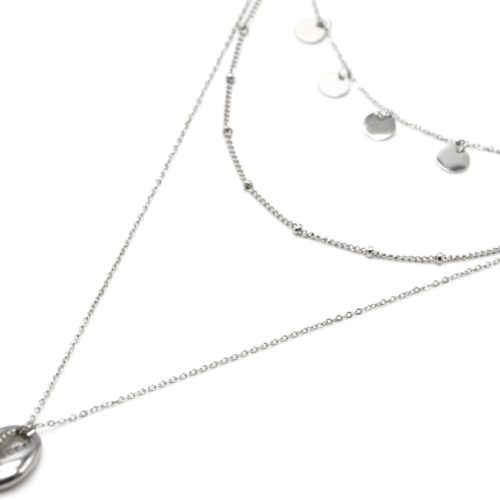 Collier-Triple-Chaines-avec-Pampilles-Billes-et-Cauri-Acier-Argente