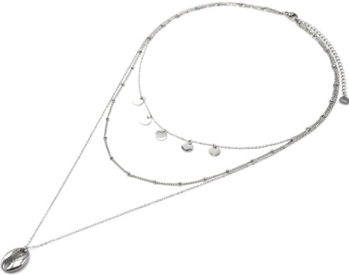 Collier-Triple-Chaines-avec-Pampilles-Billes-et-Cauri-Acier-Argente