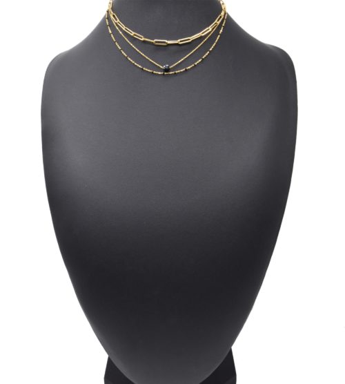 Collier-Triple-Chaines-Maillons-Acier-Dore-Mini-Perles-Email-et-Pierre-Noire