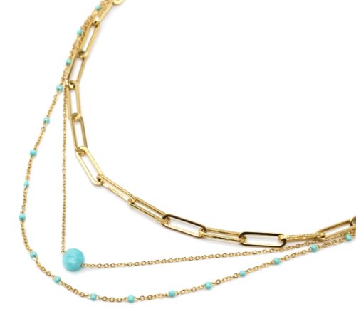 Collier-Triple-Chaines-Maillons-Acier-Dore-Mini-Perles-Email-et-Pierre-Turquoise