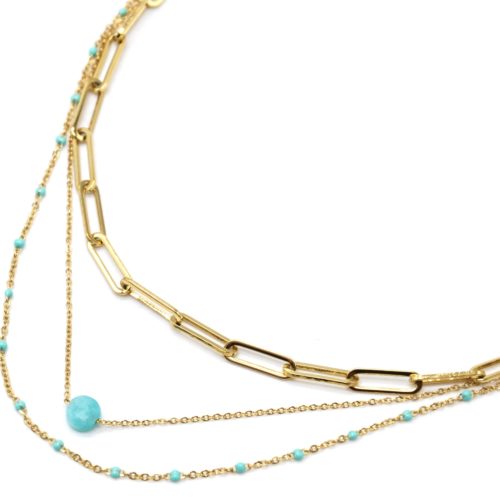 Collier-Triple-Chaines-Maillons-Acier-Dore-Mini-Perles-Email-et-Pierre-Turquoise