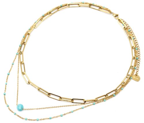 Collier-Triple-Chaines-Maillons-Acier-Dore-Mini-Perles-Email-et-Pierre-Turquoise