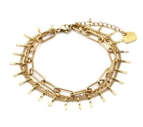 Bracelet-Triple-avec-Maillons-Chaine-Billes-et-Pampilles-Acier-Dore