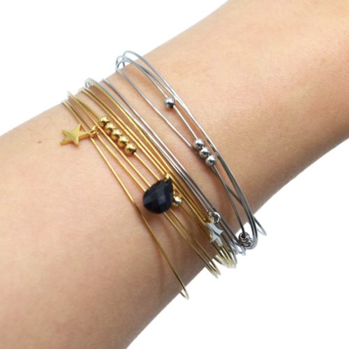 Bracelet-Semainier-Multi-Joncs-Acier-avec-Billes-Etoile-et-Perle-Goutte-Noire