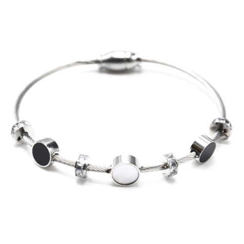 Bracelet-Jonc-Aimante-Acier-Argente-avec-Cercles-Resine-Noire-Nacre-et-Anneaux-Strass