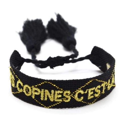 Bracelet-Manchette-Noir-Broderie-Les-Copines-Cest-La-Vie-Dore-et-Pompons
