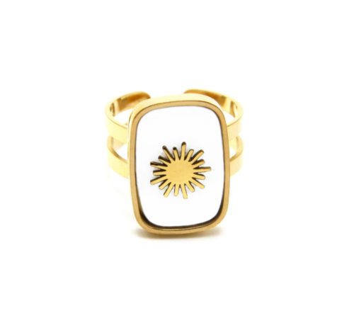 Bague-Large-avec-Pierre-Rectangle-Blanc-Blanche-Effet-Naturel-et-Soleil-Acier-Dore