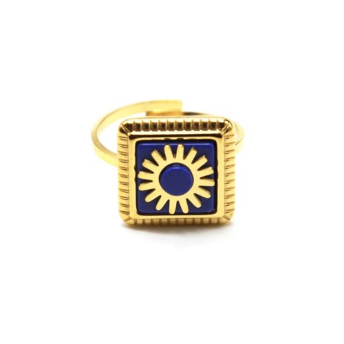 Bague-Reglable-avec-Pierre-Carree-Bleue-Motif-Soleil-et-Contour-Acier-Dore