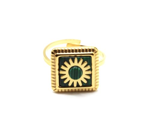 Bague-Reglable-avec-Pierre-Carree-Verte-Motif-Soleil-et-Contour-Acier-Dore