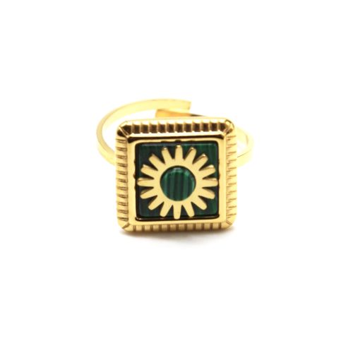 Bague-Reglable-avec-Pierre-Carree-Verte-Motif-Soleil-et-Contour-Acier-Dore