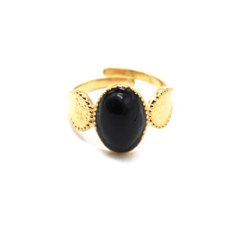 Bague-Formes-Martelees-Acier-Dore-avec-Pierre-Ovale-Noire-Contour-Points