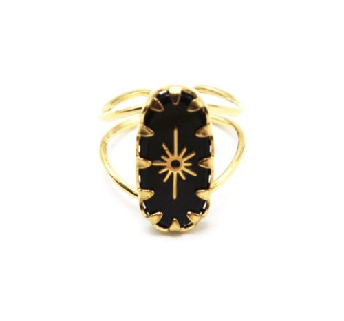 Bague-Large-Ajouree-avec-Pierre-Rectangle-Noir-Motif-Etoile-Acier-Dore