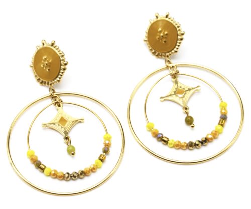 Boucles-dOreilles-Medaille-Email-avec-Losange-et-Cercles-Acier-Dore-Perles-Moutarde