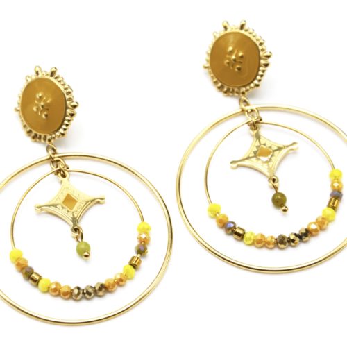 Boucles-dOreilles-Medaille-Email-avec-Losange-et-Cercles-Acier-Dore-Perles-Moutarde