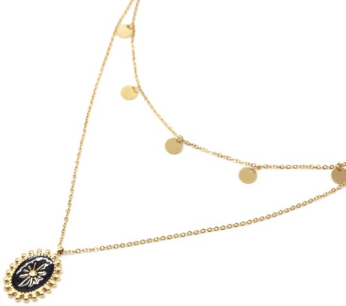 Collier-Double-Chaines-Pampilles-Acier-Dore-et-Ovale-Email-Noir-Motif-Soleil-Billes